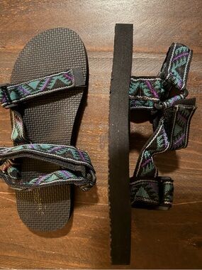 Black Teva Strappy Sandals Teal & Purple Pattern - 10W
